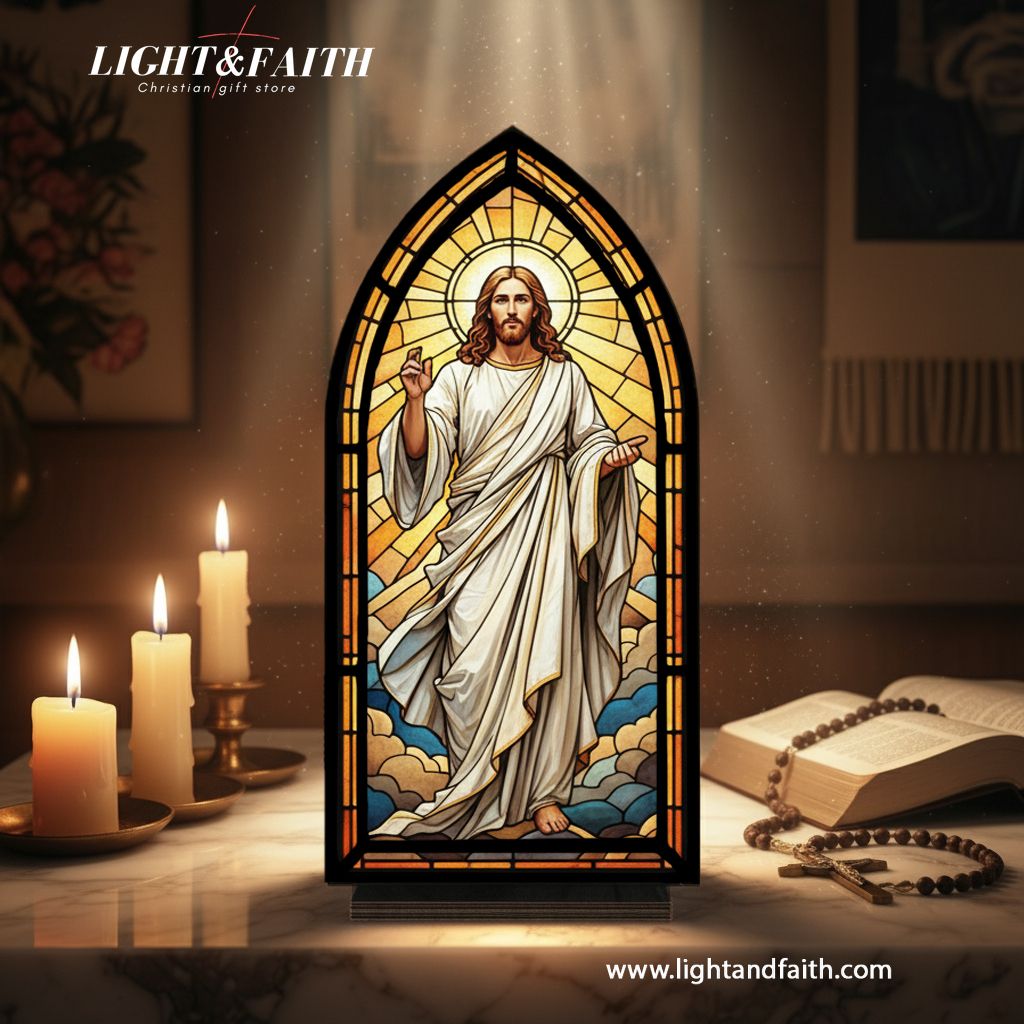 Christian Jesus Resurrection Book Nook Decor, Stained Glass Window Style LED Light, Religious Home Altar Decoration, Easter Faith Gift for Believers BNLAF15